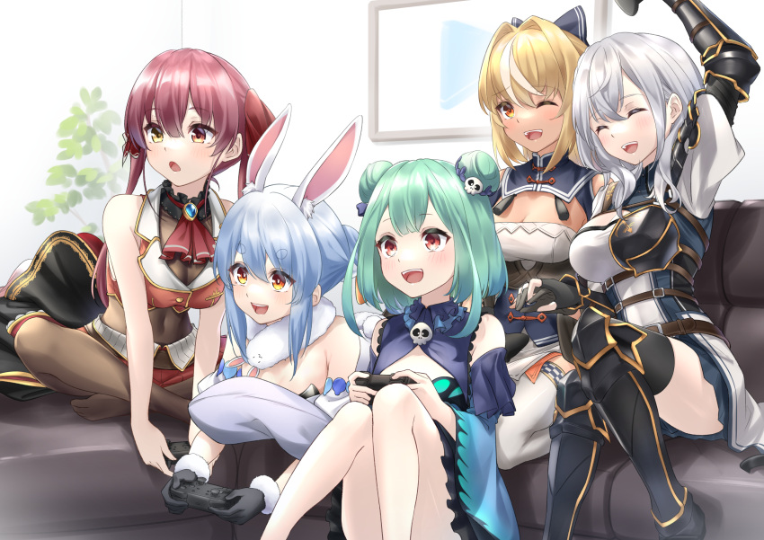 5girls :d animal_ear_fluff animal_ears armor blonde_hair blue_hair controller couch everyone green_hair highres holding holding_controller holding_hands hololive hololive_fantasy houshou_marine light_blush multiple_girls nintendo_switch_pro_controller on_couch open_mouth playing_games rabbit_ears rabbit_girl redhead shiranui_flare shirogane_noel silver_hair sitting smile tsurupy uruha_rushia usada_pekora virtual_youtuber