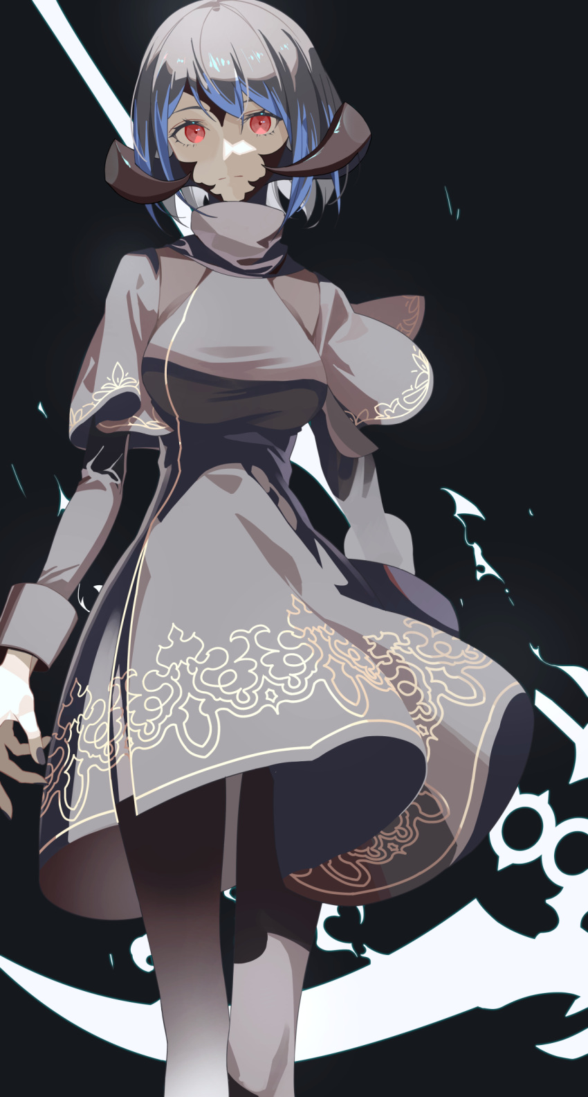 1girl arms_at_sides au_ra black_background black_dress black_hair capelet commission dress expressionless final_fantasy final_fantasy_xiv highres horns looking_at_viewer red_eyes scythe short_hair skeb_commission solo tsuki-shigure weapon