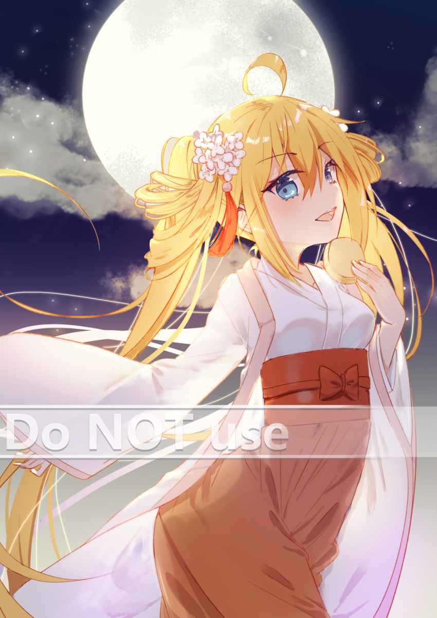 1girl :d ahoge bangs blonde_hair blue_eyes breasts clouds commentary_request english_text eyebrows_visible_through_hair flower full_moon hair_between_eyes hair_flower hair_ornament hakama hakama_skirt hand_up highres holding japanese_clothes kimono long_hair long_sleeves looking_at_viewer mo_(pixiv9929995) moon night night_sky open_mouth original outdoors red_hakama skirt sky small_breasts smile solo star_(sky) starry_sky twintails very_long_hair watermark white_flower white_kimono wide_sleeves