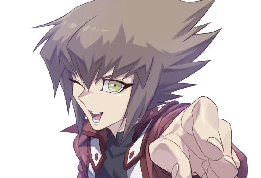 &gt;_o 1boy :d bangs brown_eyes brown_hair hair_between_eyes jacket long_sleeves male_focus one_eye_closed open_clothes open_jacket open_mouth pointing pointing_at_viewer red_jacket school_uniform short_hair simple_background smile solo talgi upper_body white_background yu-gi-oh! yu-gi-oh!_gx yuuki_juudai