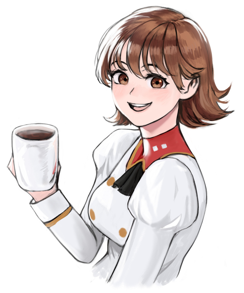 1girl agent_aika aika_(series) ascot azelweien black_neckwear breasts brown_eyes brown_hair buttons coffee coffee_mug cup delmogeny_uniform highres holding holding_cup jacket juliet_sleeves long_sleeves medium_breasts mug pink_delmo puffy_sleeves short_hair smile suzie_(agent_aika) uniform upper_body white_delmo white_jacket