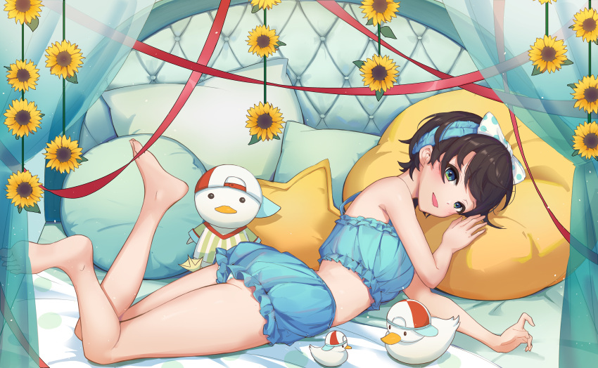 1girl absurdres aqua_eyes bangs bare_legs barefoot baseball_cap bed black_hair blue_hairband blue_shirt blue_shorts blush bow_hairband commentary crop_top curtains eyebrows_visible_through_hair flower from_side full_body hairband hat highres hololive looking_at_viewer looking_to_the_side lying on_bed on_stomach oozora_subaru open_mouth panties panty_peek pillow red_ribbon ribbon shirt short_hair short_shorts shorts shyi smile solo stuffed_animal stuffed_duck stuffed_toy subaru_duck sunflower underwear virtual_youtuber yellow_flower