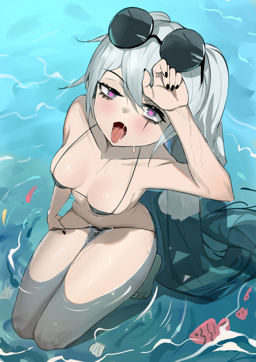 1girl absurdres alchemy_stars arm_up bangs bikini bikini_pull black_bikini black_nails blush breasts breasts_apart clothes_pull collarbone eyelashes eyewear_on_head fish full_body grey_eyes grey_hair heart heart-shaped_pupils highres kneeling long_hair looking_at_viewer looking_up medium_breasts navel open_mouth partially_submerged scar scar_across_eye seashell shading_eyes shell smokey_(alchemy_stars) string_bikini sunglasses swimsuit symbol-shaped_pupils tongue tongue_out twintails very_long_hair water wet xuxuxu