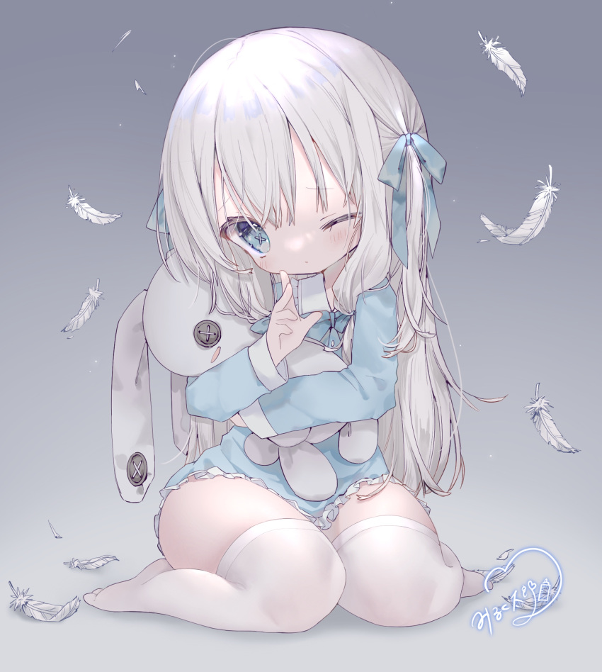 1girl blue_eyes blue_shirt feathers grey_background hand_to_own_mouth highres hug long_hair mirukutarou no_pants object_hug one_eye_closed original ribbon shirt silver_hair simple_background solo stuffed_toy symbol-shaped_pupils thigh-highs thighs white_legwear