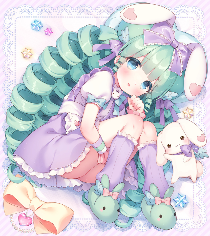 1girl :d animal animal_ears animal_slippers ass bangs blue_bow blue_eyes blush bow bunny_slippers diagonal_stripes drill_hair eyebrows_visible_through_hair frilled_skirt frills green_footwear green_hair hand_up heart highres kneehighs long_hair looking_at_viewer loose_socks lying miruku_(cutesuu) on_side open_mouth original puffy_short_sleeves puffy_sleeves purple_legwear purple_skirt rabbit rabbit_ears shirt short_sleeves skirt slippers smile solo striped striped_background suspender_skirt suspenders usashiro_mani very_long_hair white_shirt wrist_cuffs