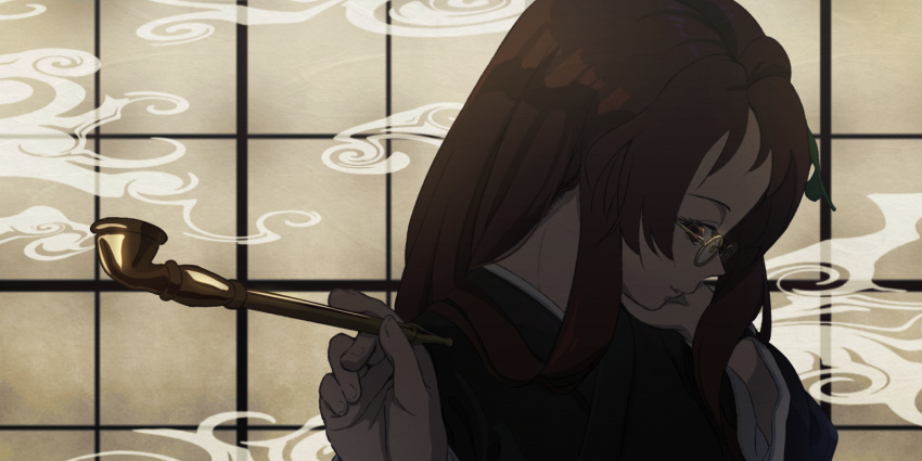 1girl backlighting bangs blurry brown_eyes brown_hair dark depth_of_field from_side futatsuiwa_mamizou futatsuiwa_mamizou_(human) green_kimono hair_ornament hand_on_own_cheek hand_on_own_face highres japanese_clothes kimono leaf_hair_ornament long_hair looking_at_viewer looking_to_the_side parted_bangs pipe shouji sidelocks sliding_doors smile smoke smoking solo suguni touhou upper_body very_long_hair yellow-framed_eyewear