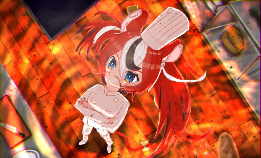 1girl absurdres animal_ears black_hair blue_eyes breasts chef chef_hat chef_uniform cutting_board dice dice_hair_ornament facial_hair hair_ornament hakos_baelz hat highres hololive hololive_english j953134 knife medium_breasts mouse_ears mouse_girl mouse_tail mousetrap multicolored_hair mustache redhead streaked_hair tail virtual_youtuber white_hair