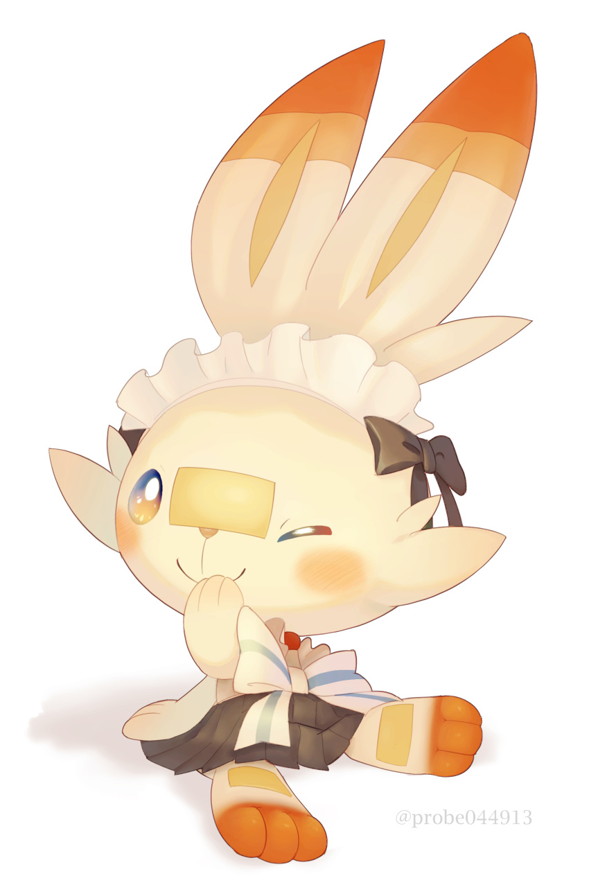 absurdres blush bow brown_bow brown_skirt closed_mouth clothed_pokemon commentary_request hand_up headdress highres no_humans one_eye_closed pleated_skirt pokemon pokemon_(creature) purobe scorbunny sitting skirt smile solo toes