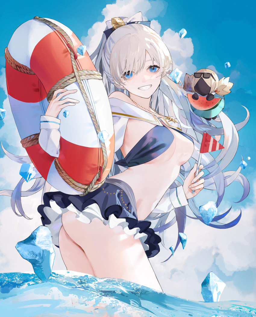 1girl absurdres anastasia_(fate) anastasia_(swimsuit_archer)_(fate) ass bangs bikini bikini_skirt black_bikini blue_eyes bow breasts clouds commentary_request detached_sleeves eyewear_on_head fate/grand_order fate_(series) food fruit hair_bow highres huge_filesize ice jewelry lifebuoy long_hair looking_at_viewer looking_back medium_breasts mini_flag necklace outdoors parai0 ponytail smile strapless strapless_bikini swimsuit teeth viy_(fate) wading water watermelon watermelon_slice white_hair
