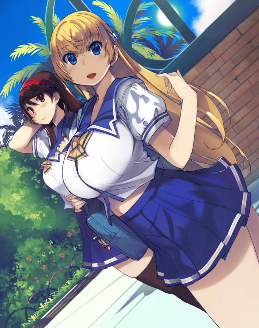 2girls :d bag black_legwear blonde_hair blue_eyes blue_sailor_collar blue_skirt blue_sky bow bowtie breasts brown_hair day dutch_angle hairband hand_up highres large_breasts long_hair looking_at_viewer mariana_princilla mil_(xration) miniskirt multiple_girls open_mouth outdoors pleated_skirt puffy_short_sleeves puffy_sleeves reco_love reco_love_gold_beach red_eyes red_hairband sailor_collar school_bag school_uniform serafuku shirt short_sleeves shoulder_bag skirt sky smile standing thigh-highs white_shirt yellow_bow yellow_neckwear yuina_(reco_love) zettai_ryouiki