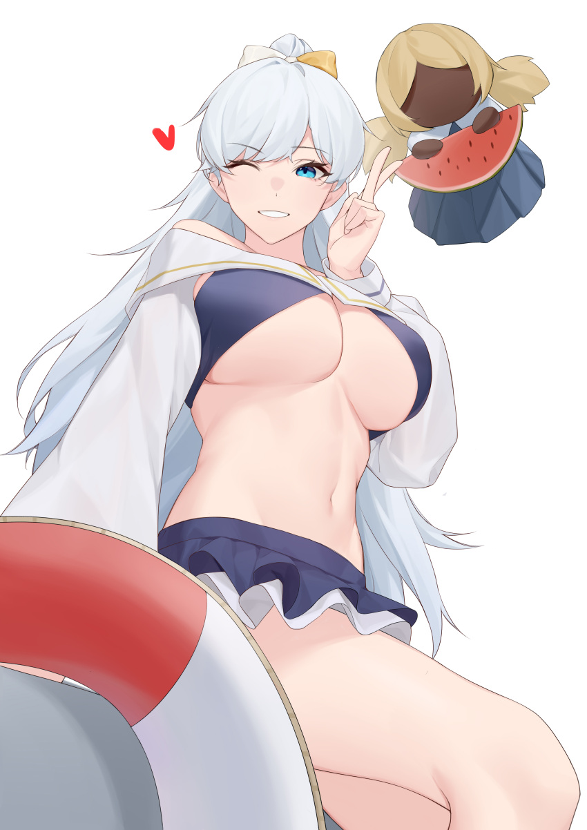 1girl absurdres anastasia_(fate) anastasia_(swimsuit_archer)_(fate) bikini_skirt breasts darling0221 doll fate/grand_order fate_(series) heart highres innertube large_breasts long_hair navel one_eye_closed ponytail silver_hair sitting smile swimsuit v viy_(fate) watermelon_slice white_background
