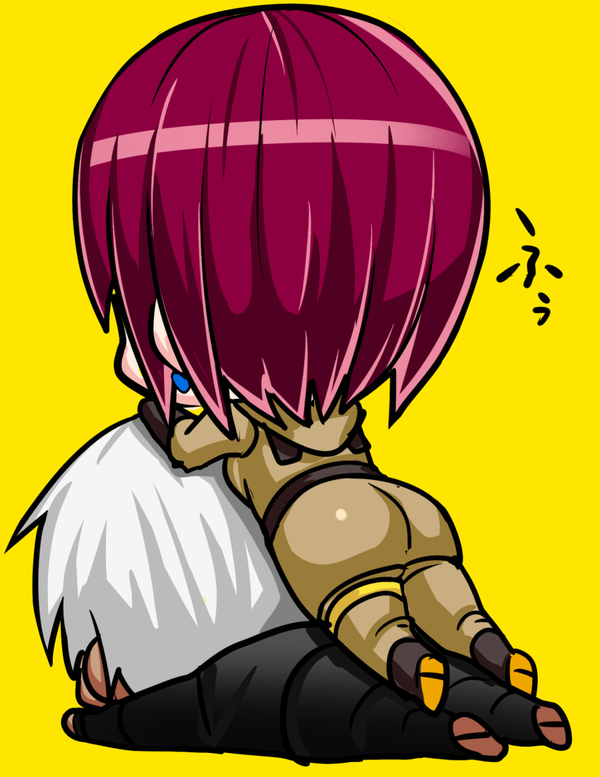 angry chibi from_behind gloves highres k'_(kof) military military_uniform okyou stack the_king_of_fighters uniform whip_(kof) white_hair yellow_background