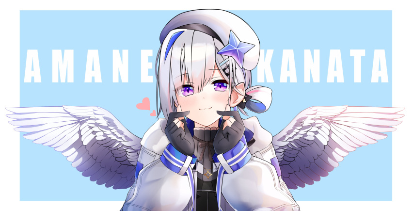 1girl absurdres amane_kanata angel angel_wings asymmetrical_bangs asymmetrical_hair bangs beret blue_hair blue_wings colored_inner_hair feathered_wings gradient gradient_wings hair_ornament hair_over_one_eye hair_rings hairclip hat highres hololive multicolored multicolored_hair multicolored_wings o_chamori pink_hair short_hair silver_hair single_hair_intake smile solo star_ornament streaked_hair turtleneck turtleneck_dress violet_eyes virtual_youtuber white_headwear white_wings wings