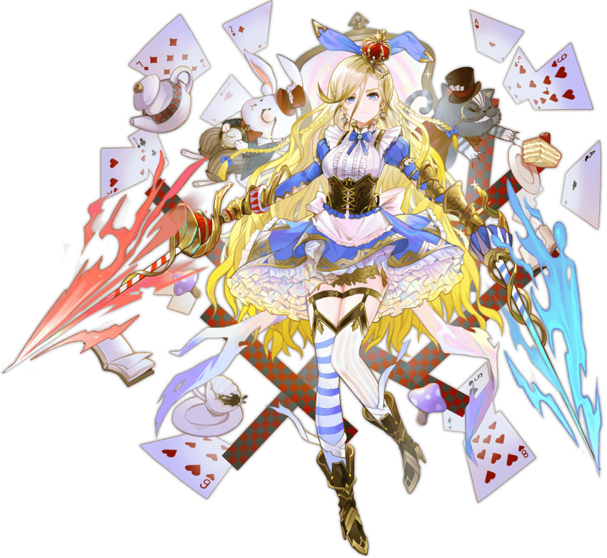 1girl alice_(alice_in_wonderland) alice_(ark_order) alice_in_wonderland animal_ears apron ark_order artist_request asymmetrical_legwear back_bow bandaged_leg bandages blonde_hair blue_bow blue_eyes blue_skirt book boots bow bowtie braid brown_footwear cake card cat center_frills cheshire_cat_(alice_in_wonderland) club_(shape) corset crown cup diamond_(shape) dual_wielding earrings fake_animal_ears fire food frilled_skirt frills full_body garter_straps hat heart holding holding_sword holding_weapon horizontal_stripes jewelry juliet_sleeves long_hair long_sleeves looking_at_viewer mini_crown mismatched_legwear monocle mushroom official_art open_book paper plate playing_card pocket_watch puffy_sleeves rabbit rabbit_ears rapier shirt skirt solo spade_(shape) striped striped_legwear sword tachi-e tea teacup teapot thigh-highs thigh_strap top_hat vertical-striped_legwear vertical_stripes very_long_hair watch weapon white_apron white_bow white_rabbit_(alice_in_wonderland) white_shirt
