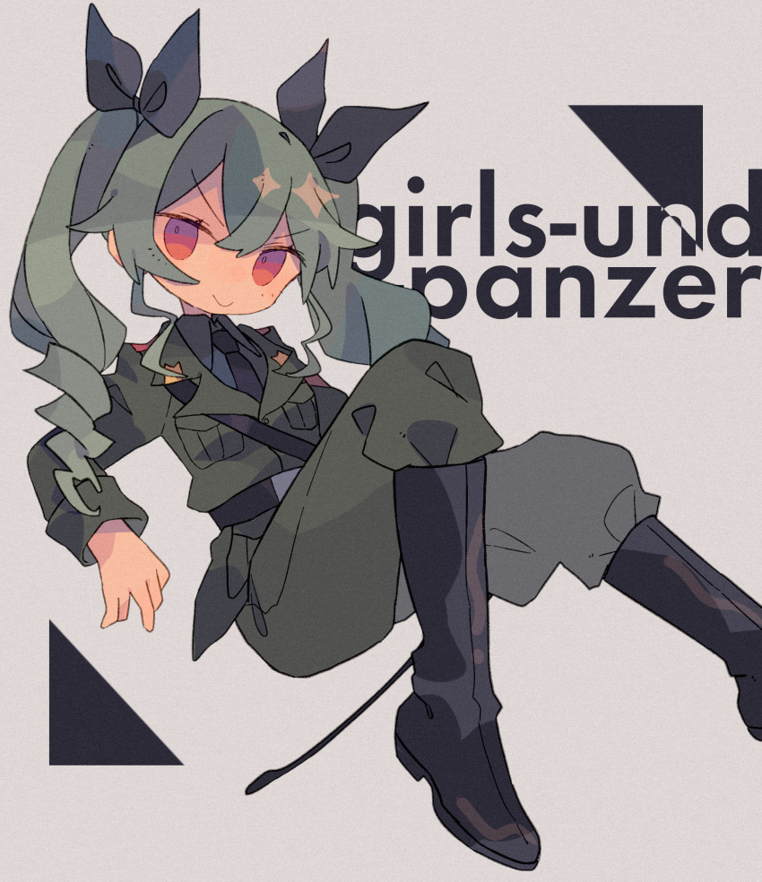 1girl :&gt; anchovy_(girls_und_panzer) anzio_military_uniform bad_id bad_tumblr_id bangs belt black_belt black_footwear black_neckwear black_ribbon boots breast_pocket c: closed_mouth copyright_name daizu_(melon-lemon) drill_hair elbow_rest eyebrows_visible_through_hair eyes_visible_through_hair film_grain foot_out_of_frame from_side girls_und_panzer gradient_eyes grey_background grey_hair grey_jacket grey_pants hair_between_eyes hair_ribbon highres jacket knee_boots knee_up long_hair long_sleeves looking_at_viewer looking_to_the_side multicolored multicolored_eyes necktie no_nose outstretched_leg pants pink_eyes pocket red_eyes ribbon riding_crop sam_browne_belt sidelocks sitting smile solo twin_drills twintails v-shaped_eyebrows wing_collar