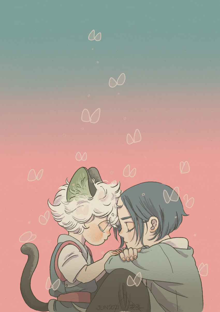 2boys absurdres animal_ears aqua_background black_hair black_tail cat_boy cat_ears cat_tail child closed_eyes forehead-to-forehead gradient gradient_background grey_shirt heads_together highres luoxiaohei mugi-co multiple_boys pink_background shirt short_hair tail the_legend_of_luo_xiaohei white_hair wuxian_(the_legend_of_luoxiaohei) younger