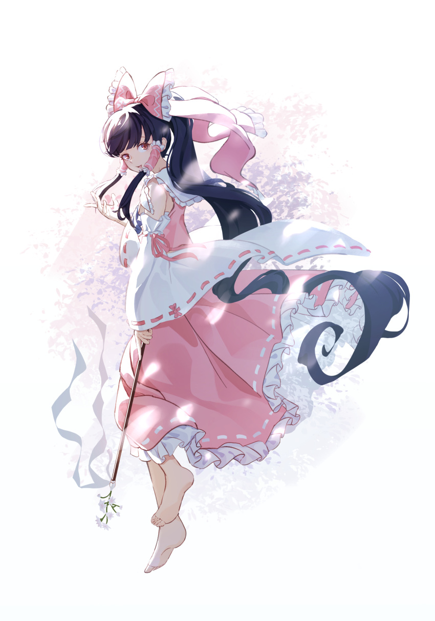 1girl absurdres alternate_color bangs barefoot black_hair cherry_blossoms floating flower frilled_hair_tubes frilled_ribbon frilled_shirt_collar frilled_skirt frills gohei gradient_eyes hair_ribbon hair_tubes hakurei_reimu hand_up happy highres long_hair long_skirt looking_at_viewer looking_to_the_side multicolored multicolored_background multicolored_eyes petals pink_background pink_eyes pink_ribbon pink_shirt pink_skirt purple_background red_eyes ribbon ribbon-trimmed_skirt ribbon-trimmed_sleeves ribbon_trim rope shimenawa shiny shiny_hair shirt sidelocks skirt sleeveless sleeveless_shirt smile solo suguni swept_bangs toes touhou very_long_hair white_background wide_sleeves