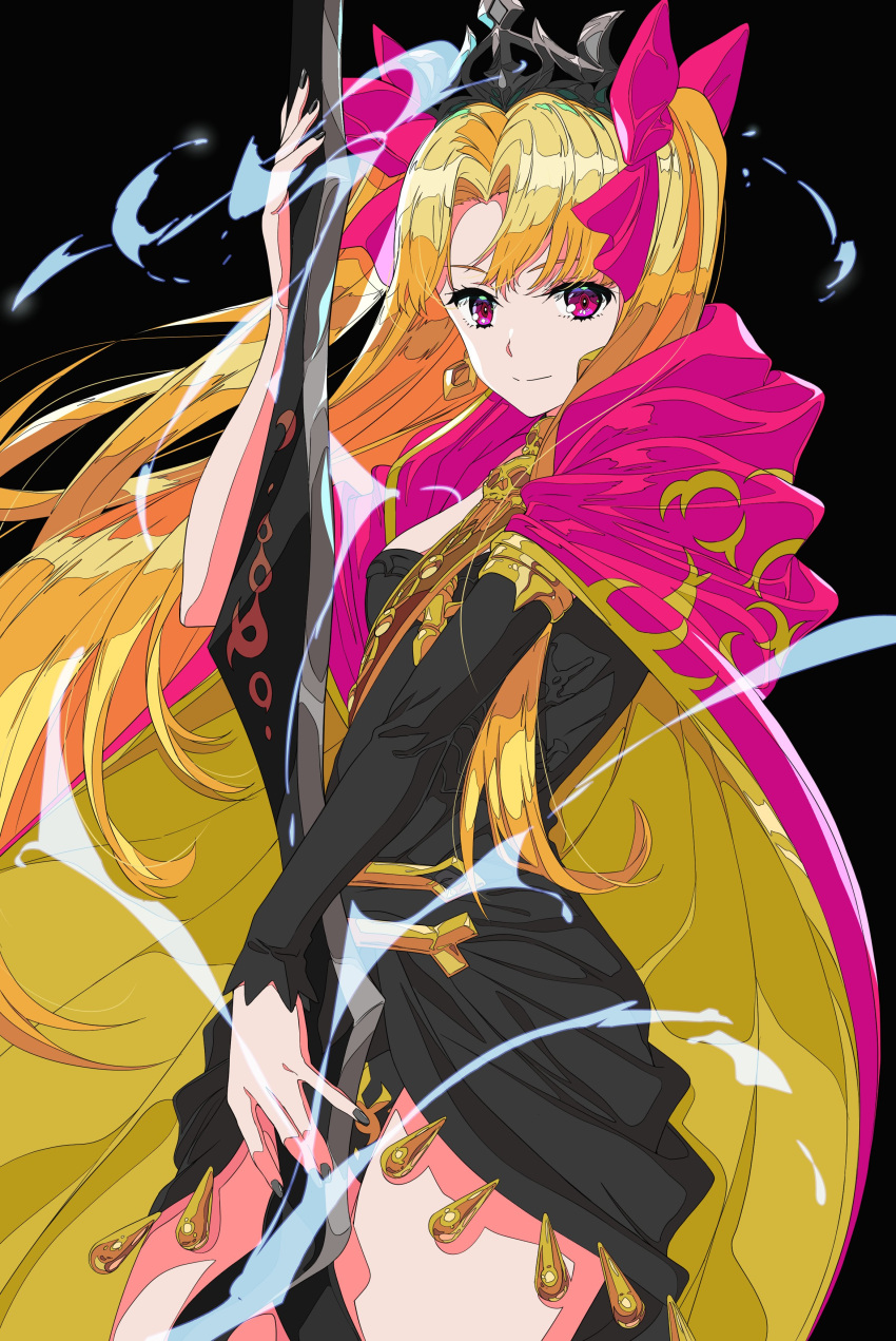 1girl absurdres bangs black_background black_dress black_nails black_panties black_sleeves blonde_hair bone cape closed_mouth commentary_request crown dress earrings ereshkigal_(fate) fate/grand_order fate_(series) fingernails floating_hair hair_ornament hair_ribbon highres holding holding_weapon hood hood_down hooded_cape hoop_earrings jewelry long_hair looking_at_viewer meslamtaea_(weapon) nail_polish panties parted_bangs red_cape red_eyes red_ribbon ribbon short_dress simple_background single_sleeve skull smile solo spine two-tone_cape two_side_up underwear very_long_hair weapon xtango yellow_cape