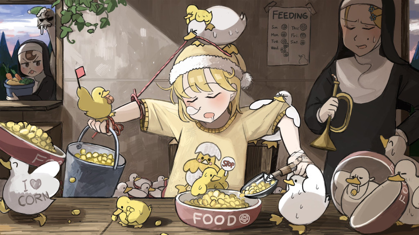 &gt;_&lt; 3girls :&lt; ^_^ animal_on_head bib bird bird_on_head blonde_hair body_writing bowl broccoli brown_eyes brown_hair bucket bugle carrot catholic chicken closed_eyes clothes_pull commentary corn dawn diva_(hyxpk) drooling duck duck_print duckling english_commentary flower food green_headwear habit hair_flower hair_ornament hairclip hand_on_hip hanging_plant highres holding holding_bucket holding_instrument hook-bang_nun_(diva) instrument little_nuns_(diva) mini_flag mole mole_under_eye mouth_hold multiple_girls nose_bubble nun object_on_head on_head ostrich peeking poster_(object) protagonist_nun_(diva) pulling red_flag scowly_nun_(diva) shirt shirt_pull sigh sign sleeping sleeping_upright string sweatdrop tongue tongue_out trowel vegetable whistle window yellow_headwear yellow_shirt