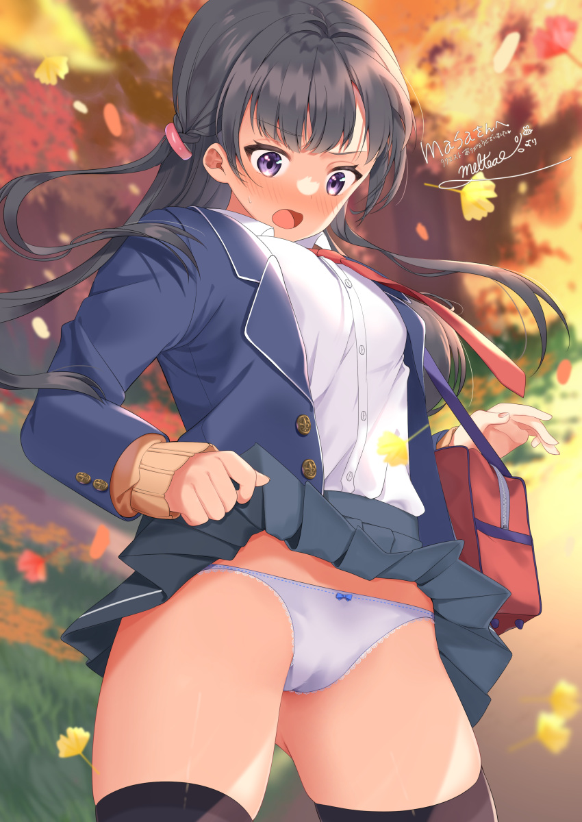 1girl absurdres ass_visible_through_thighs autumn autumn_leaves bag bangs black_hair black_jacket bow bow_panties brown_cardigan cardigan clothes_lift collared_shirt day grey_skirt hair_blowing highres jacket long_hair long_sleeves mukuro_usss necktie original outdoors over-kneehighs panties pleated_skirt red_neckwear school_bag school_uniform shirt signature skirt skirt_lift solo standing thigh-highs thighs underwear v-shaped_eyebrows violet_eyes white_legwear white_shirt wind wind_lift