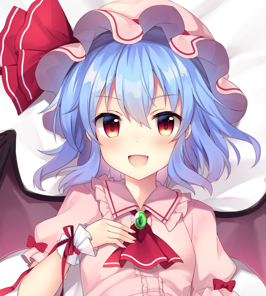 1girl :d absurdres ascot bangs bat_wings blue_hair eyebrows_visible_through_hair fang gradient_eyes hand_on_own_chest hat hat_ribbon highres looking_at_viewer mob_cap multicolored multicolored_eyes open_mouth pink_headwear pink_shirt red_neckwear red_ribbon remilia_scarlet ribbon ruhika shirt short_hair short_sleeves smile solo touhou upper_body white_background wings wrist_cuffs