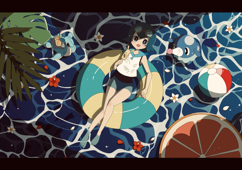 1girl afloat ball bangs barefoot beachball blue_eyes blue_hair blue_sailor_collar blush bright_pupils commentary_request drinking_straw eyelashes flower food freckles from_above glass goggles goggles_on_head harapeko_(syokuyokuousei) highres holding holding_stick innertube lana_(pokemon) lapras looking_at_viewer no_sclera open_mouth petals plant pokemon pokemon_(creature) pokemon_(game) pokemon_sm popplio popsicle sailor_collar shirt short_hair sleeveless sleeveless_shirt smile stick summer textless toes water white_flower white_pupils white_shirt