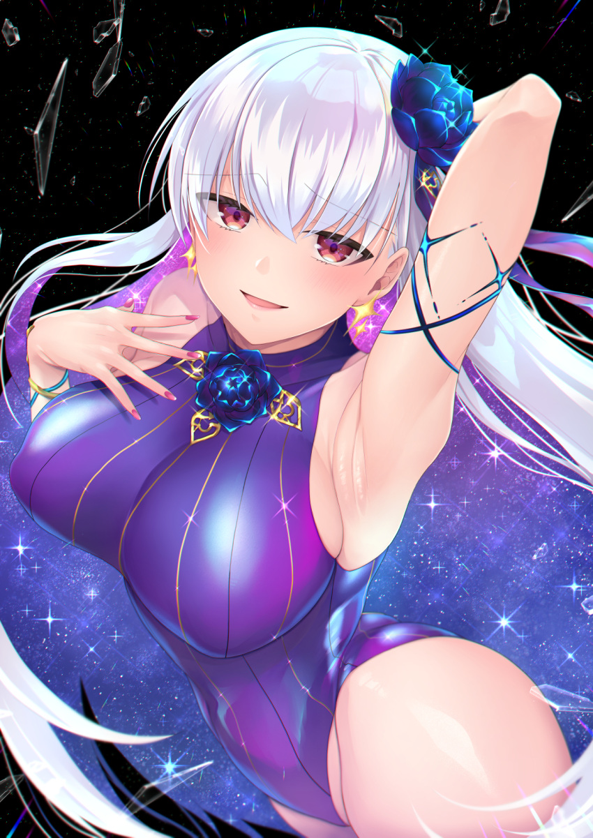 1girl arm_behind_head arm_up armpits bangs bare_shoulders black_background blue_hair blue_swimsuit blush body_markings bracelet breasts chikage_(blackclownery) covered_navel earrings fate/grand_order fate_(series) flower glass_shards hair_flower hair_ornament hair_ribbon highleg highleg_swimsuit highres jewelry kama_(fate) kama_(swimsuit_avenger)_(fate) large_breasts long_hair looking_at_viewer lotus multicolored_hair one-piece_swimsuit open_mouth red_eyes ribbon silver_hair smile solo star_(sky) star_(symbol) star_earrings swimsuit thighs two-tone_hair
