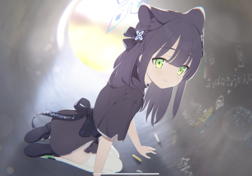 1girl animal_ear_fluff animal_ears artist_request ass bangs black_dress black_footwear black_hair blue_archive blunt_bangs china_dress chinese_clothes crayon drawing dress from_side game_cg green_eyes highres long_hair looking_back mary_janes official_art outdoors pipe shoes short_sleeves shun_(blue_archive) sitting smile solo thigh-highs thighs tiger_ears tiger_girl twintails white_legwear