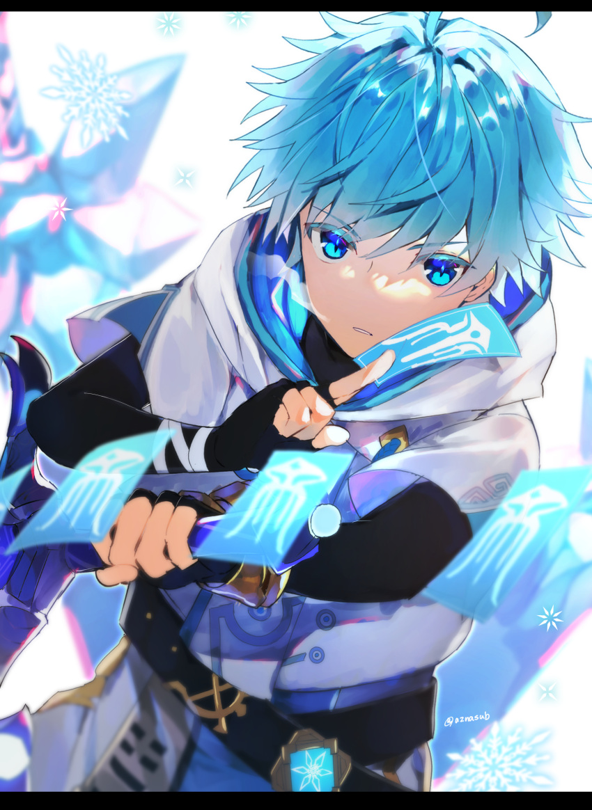1boy ahoge aqua_hair azna bangs black_bodysuit blue_eyes bodysuit breath chongyun_(genshin_impact) eyebrows_visible_through_hair genshin_impact greatsword highres holding holding_sword holding_weapon hood hood_down ice letterboxed looking_at_viewer male_focus parted_lips snowflakes solo sword talisman twitter_username upper_body vision_(genshin_impact) weapon