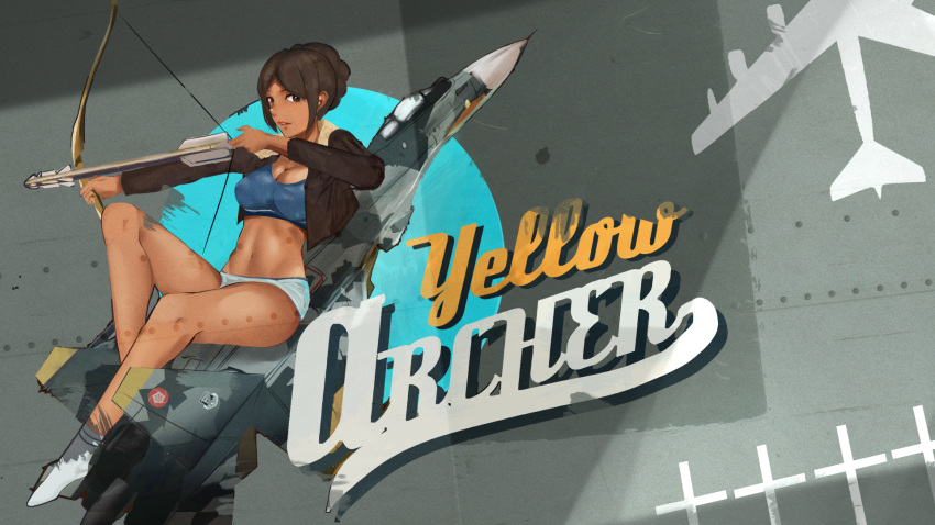 1girl ace_combat_7 aircraft airplane bow bow_(weapon) braid breasts brown_eyes brown_jacket commentary_request crown_braid dark-skinned_female dark_skin fighter_jet highres holding holding_bow_(weapon) holding_weapon jacket jet kowaremashita medium_hair military military_vehicle missile navel nose_art open_clothes open_jacket parted_lips red_lips shorts solo weapon white_legwear white_shorts yellow_4