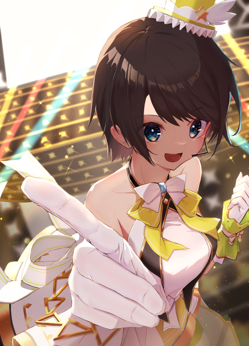 1girl :d absurdres bangs bare_shoulders blue_eyes bow bow_skirt bowtie brown_hair from_above gloves halter_top halterneck hat headset highres hololive hololive_idol_uniform huge_filesize idol idol_clothes index_finger_raised layered_skirt looking_at_viewer mikaku mini_hat mini_top_hat miniskirt official_alternate_costume oozora_subaru open_mouth pointing pointing_at_viewer short_hair skirt skirt_set sleeveless smile solo stage swept_bangs top_hat virtual_youtuber white_bow white_gloves white_skirt wrist_cuffs yellow_neckwear