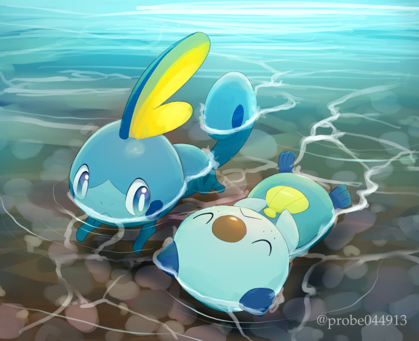 :&lt; afloat blue_eyes bright_pupils closed_eyes closed_mouth commentary_request looking_to_the_side lying no_humans on_back oshawott pokemon pokemon_(creature) purobe sobble swimming white_pupils