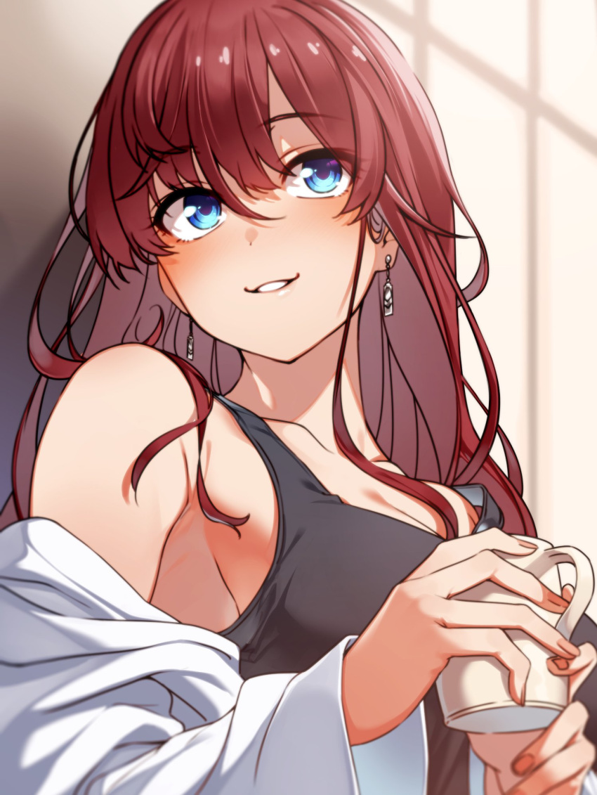 1girl bangs bare_shoulders black_tank_top blue_eyes blurry breasts brown_hair collarbone cup depth_of_field earrings eyebrows_visible_through_hair fingernails hair_between_eyes hands_up highres holding holding_cup ichinose_shiki idolmaster idolmaster_cinderella_girls indoors jewelry kakaobataa light_blush long_hair long_sleeves looking_at_viewer medium_breasts mug off_shoulder open_clothes open_shirt parted_lips shirt smile solo strap_slip tank_top upper_body white_shirt window_shade