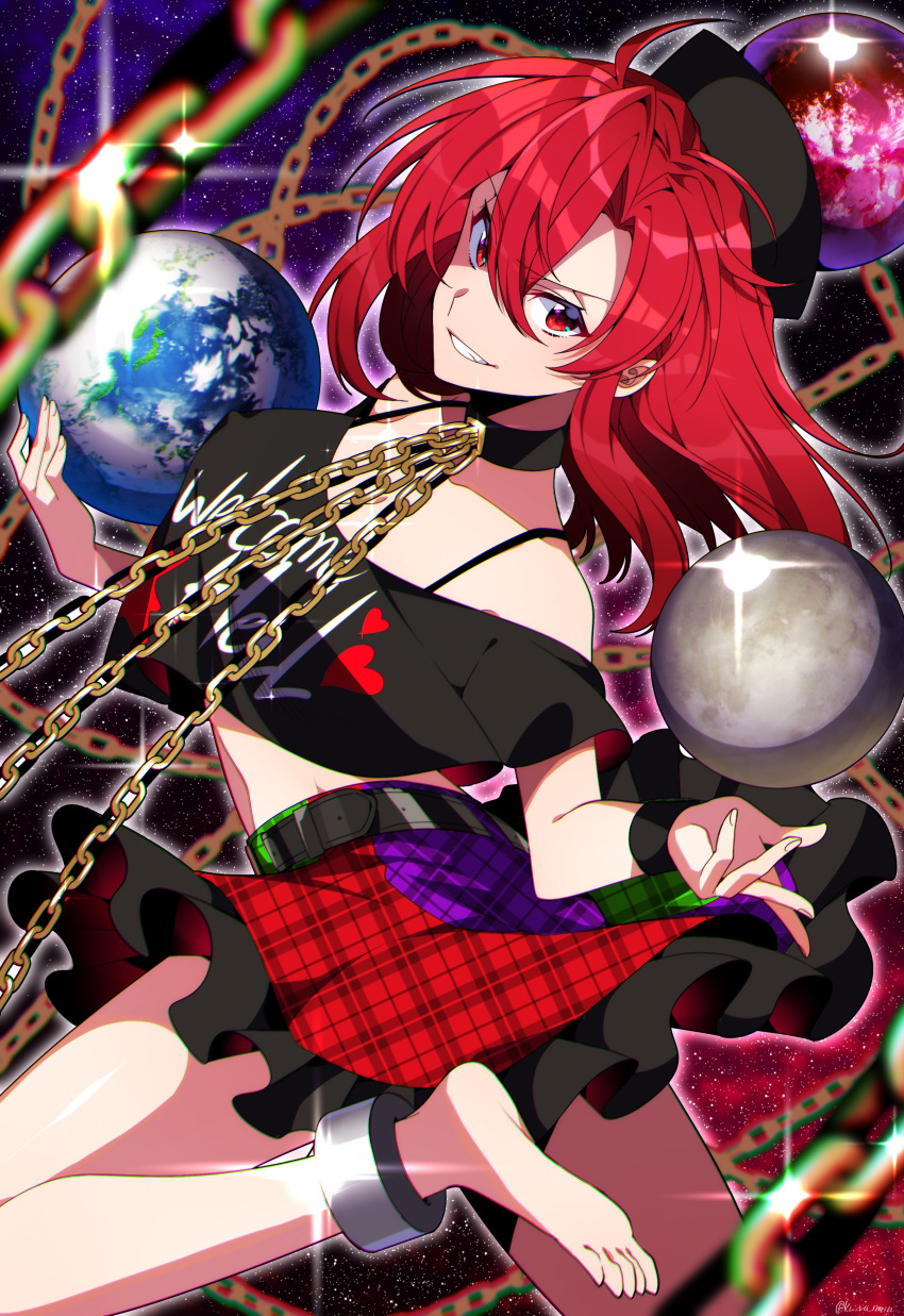 1girl absurdres bangs bare_shoulders barefoot belt black_shirt breasts chain choker commentary earth_(ornament) eyebrows_visible_through_hair gold_chain grin hair_between_eyes hecatia_lapislazuli highres kuroshirase looking_at_viewer medium_breasts medium_hair moon_(ornament) multicolored multicolored_clothes multicolored_skirt off-shoulder_shirt off_shoulder polos_crown red_eyes redhead shiny shiny_skin shirt skirt smile solo thighs touhou v-shaped_eyebrows