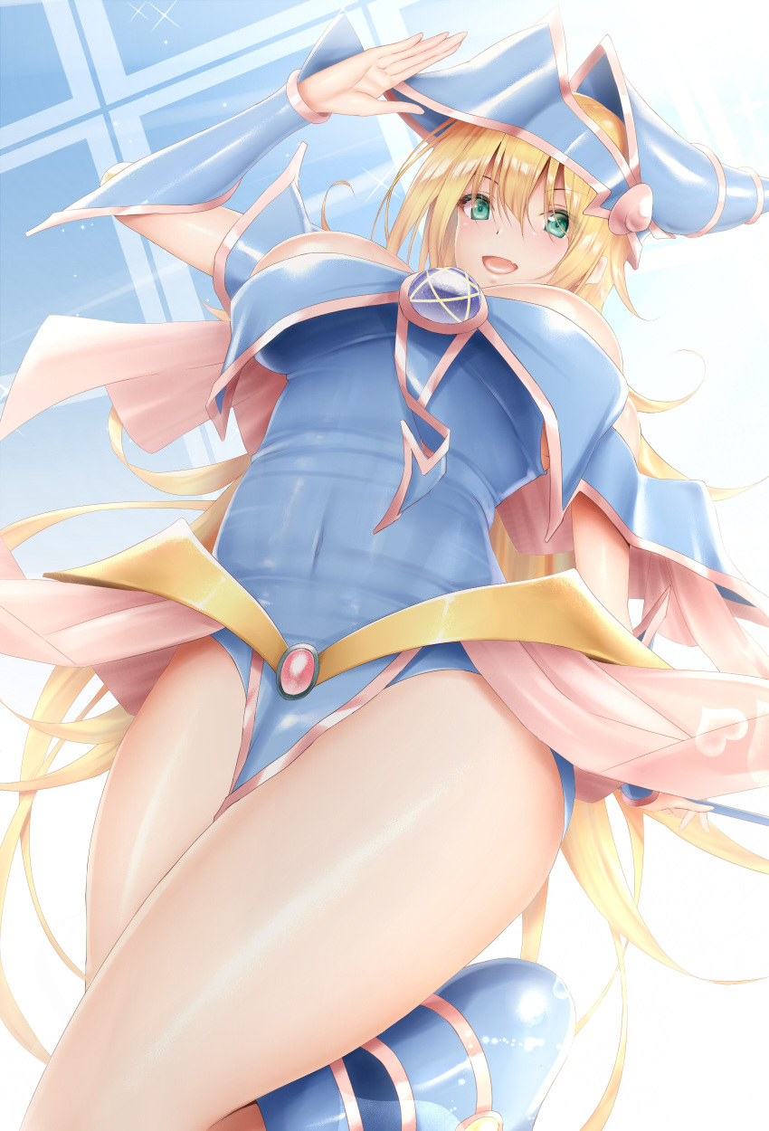 1girl absurdres bare_shoulders blonde_hair blue_background blue_dress blue_footwear blue_headwear blush_stickers breasts calcio dark_magical_circle dark_magician_girl dress duel_monster eyebrows_visible_through_hair from_above green_eyes hair_between_eyes hat hexagram highres large_breasts long_hair looking_down open_mouth pentacle pentagram pink_skirt salute showgirl_skirt skirt smile solo staff wand white_background wizard_hat yu-gi-oh!