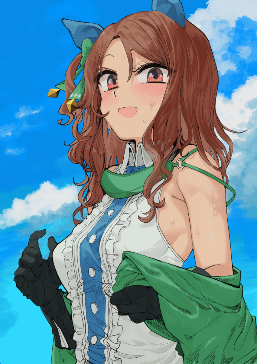 1girl :d animal_ears armpit_crease bangs bare_shoulders black_gloves blue_sky blush breasts brown_hair center_frills clouds collared_shirt day eyebrows_behind_hair frills geppewi gloves green_jacket hair_between_eyes highres horse_ears jacket king_halo_(umamusume) long_hair long_sleeves looking_at_viewer medium_breasts o-ring off_shoulder one_side_up open_clothes open_jacket open_mouth outdoors parted_bangs red_eyes shirt sky sleeveless sleeveless_shirt smile solo umamusume upper_body white_shirt