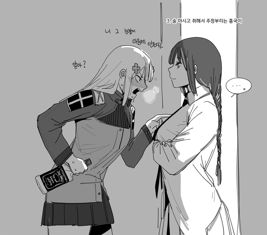 ... 2girls alcohol blush bottle character_request closed_mouth crossed_arms drunk from_side frown girls_frontline greyscale holding holding_bottle huqu jack_daniel's jacket korean_text long_hair miniskirt monochrome multiple_girls necktie open_mouth pleated_skirt pointing shirt skirt spoken_ellipsis translation_request yuri