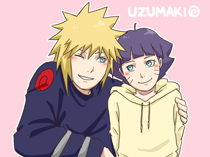 1boy 1girl bangs black_shirt blonde_hair blue_eyes blush boruto:_naruto_next_generations closed_mouth grandfather_and_granddaughter grin hair_between_eyes hand_on_another's_shoulder highres hood hoodie kishimoto_masashi_(style) long_sleeves looking_at_another namikaze_minato naruto naruto_(series) one_eye_closed open_mouth pink_background pinoko_(pnk623) purple_hair shirt short_hair simple_background smile teeth uzumaki_himawari yellow_hoodie