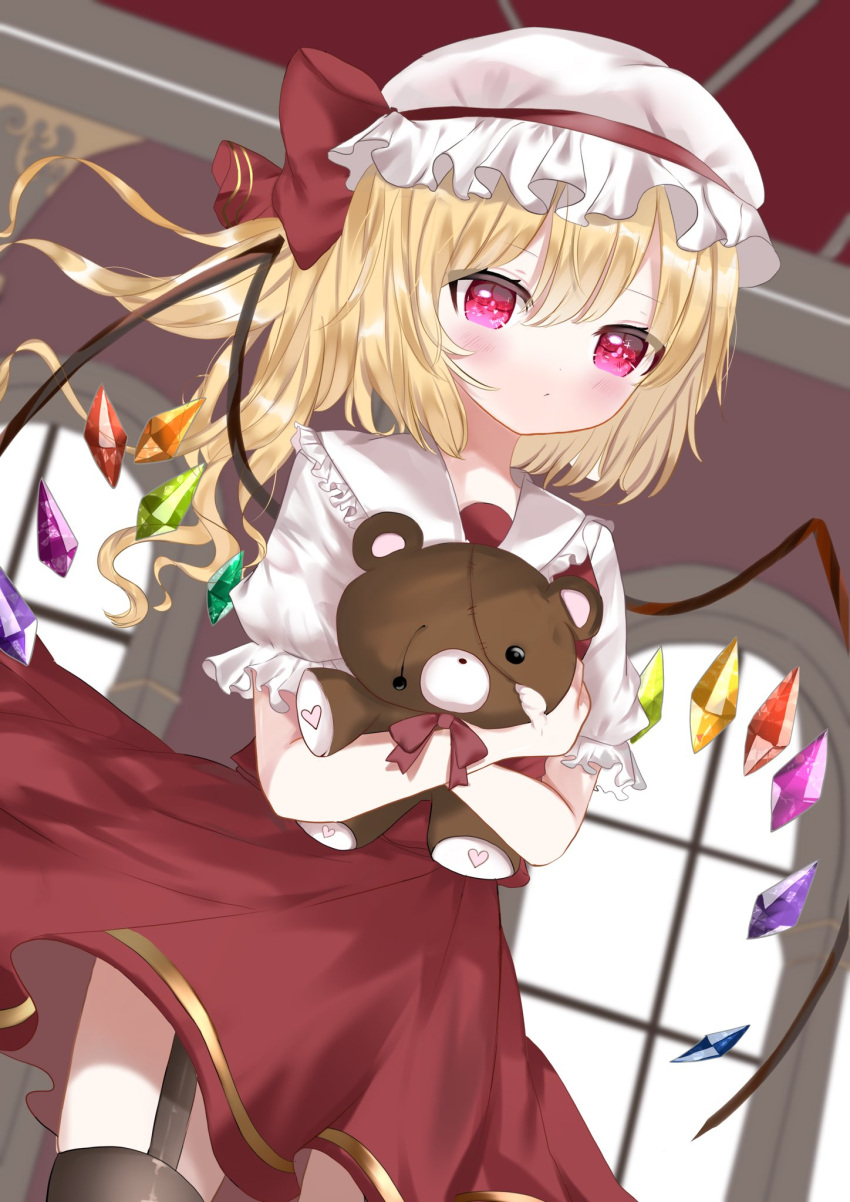 1girl :/ bangs black_legwear blurry blurry_background blush bow bowtie ceiling closed_mouth commentary_request cowboy_shot crystal depth_of_field dutch_angle expressionless eyebrows_visible_through_hair flandre_scarlet frilled_shirt_collar frills from_below garter_straps gold_trim hair_between_eyes hat hat_bow heart heart_print highres holding holding_stuffed_toy indoors looking_at_viewer mob_cap okome2028 one_side_up puffy_short_sleeves puffy_sleeves red_bow red_eyes red_skirt short_hair short_sleeves skirt solo stuffed_animal stuffed_toy teddy_bear thigh-highs touhou white_headwear window wings