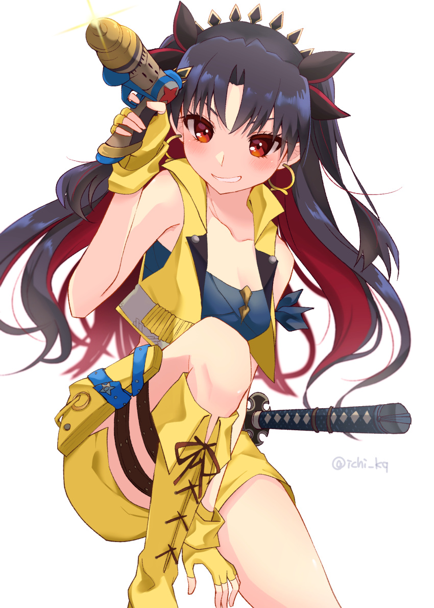 1girl bangs bare_shoulders belt black_hair blue_bandeau boots breasts cropped_vest earrings fate/grand_order fate_(series) fingerless_gloves gloves grin gun hair_ribbon highres hoop_earrings ichi_kq ishtar_(fate)_(all) jewelry katana knee_boots long_hair looking_at_viewer medium_breasts multicolored_hair navel parted_bangs red_eyes redhead ribbon short_shorts shorts smile solo space_ishtar_(fate) sword tiara two-tone_hair two_side_up vest weapon yellow_footwear yellow_gloves yellow_shorts yellow_vest