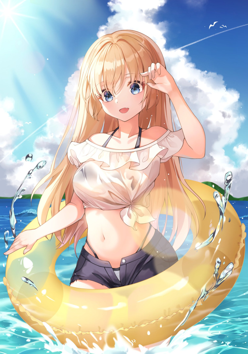 1girl :d arm_up bare_shoulders bikini black_bikini black_shorts blonde_hair blue_eyes breasts collarbone crop_top day fang front-tie_top halterneck highleg highleg_bikini highres innertube lion_(lion_0_3) long_hair looking_at_viewer medium_breasts midriff navel ocean open_fly open_mouth original outdoors see-through shirt short_shorts short_sleeves shorts smile solo standing stomach sunlight swimsuit wading water wet wet_clothes wet_shirt white_shirt