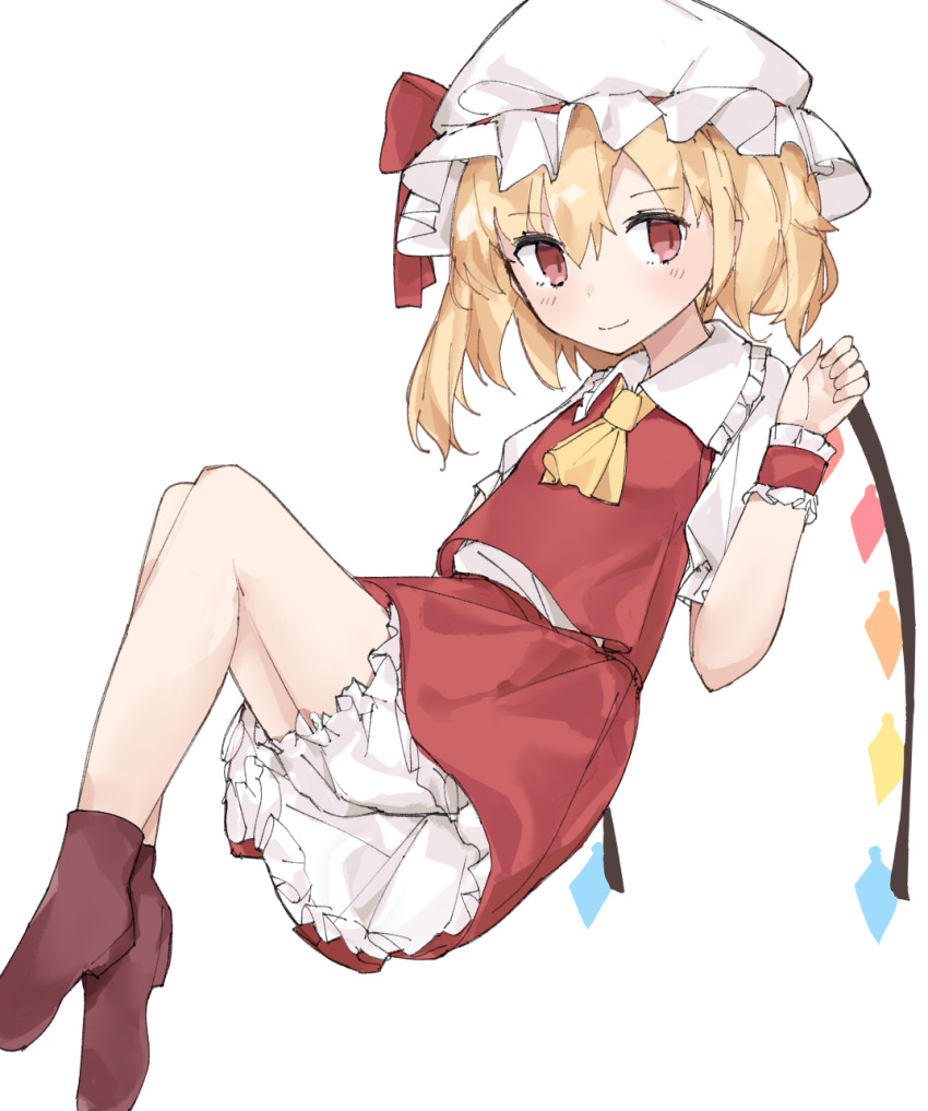1girl ascot bangs blonde_hair bloomers blush boots bow brown_footwear closed_mouth commentary_request crystal eyebrows_visible_through_hair flandre_scarlet flat_chest floating frilled_shirt_collar frills full_body hair_between_eyes hand_up hat hat_bow highres light_smile looking_at_viewer mob_cap one_side_up red_bow red_eyes red_skirt red_vest short_hair simple_background skirt solo subaritsuku touhou underwear vest white_background white_headwear wings wrist_cuffs yellow_neckwear