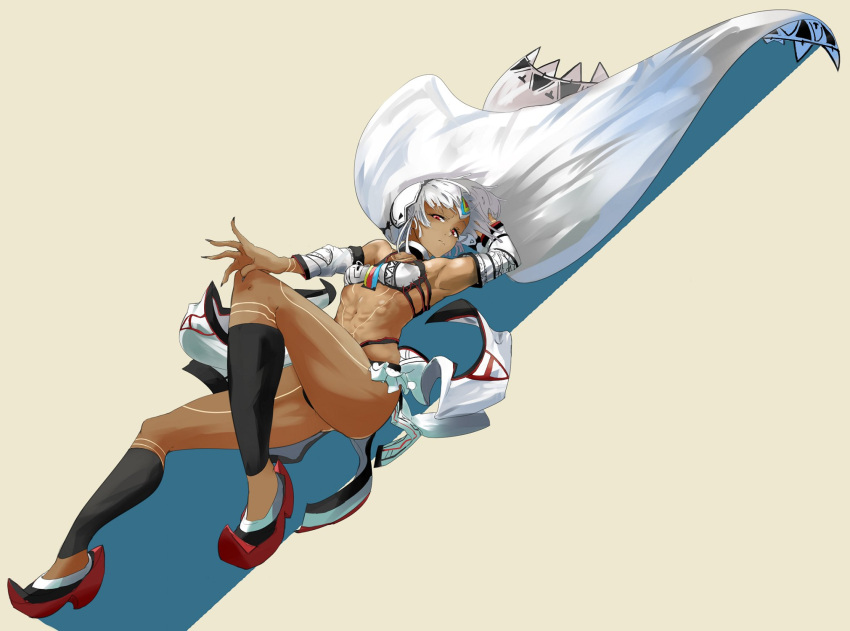 1girl altera_(fate) armpits bare_shoulders breasts choker closed_mouth dark-skinned_female dark_skin detached_sleeves fate/grand_order fate_(series) full_body highres looking_at_viewer muscular muscular_female navel red_eyes short_hair shousetsu simple_background small_breasts solo tattoo white_hair