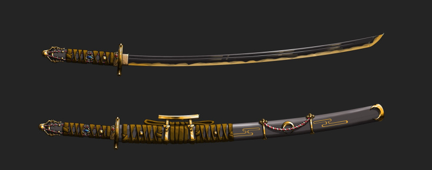 black_background commentary_request egasumi fantasy gem highres katana no_humans original sheath sheathed simple_background still_life sword tony2001 weapon weapon_focus