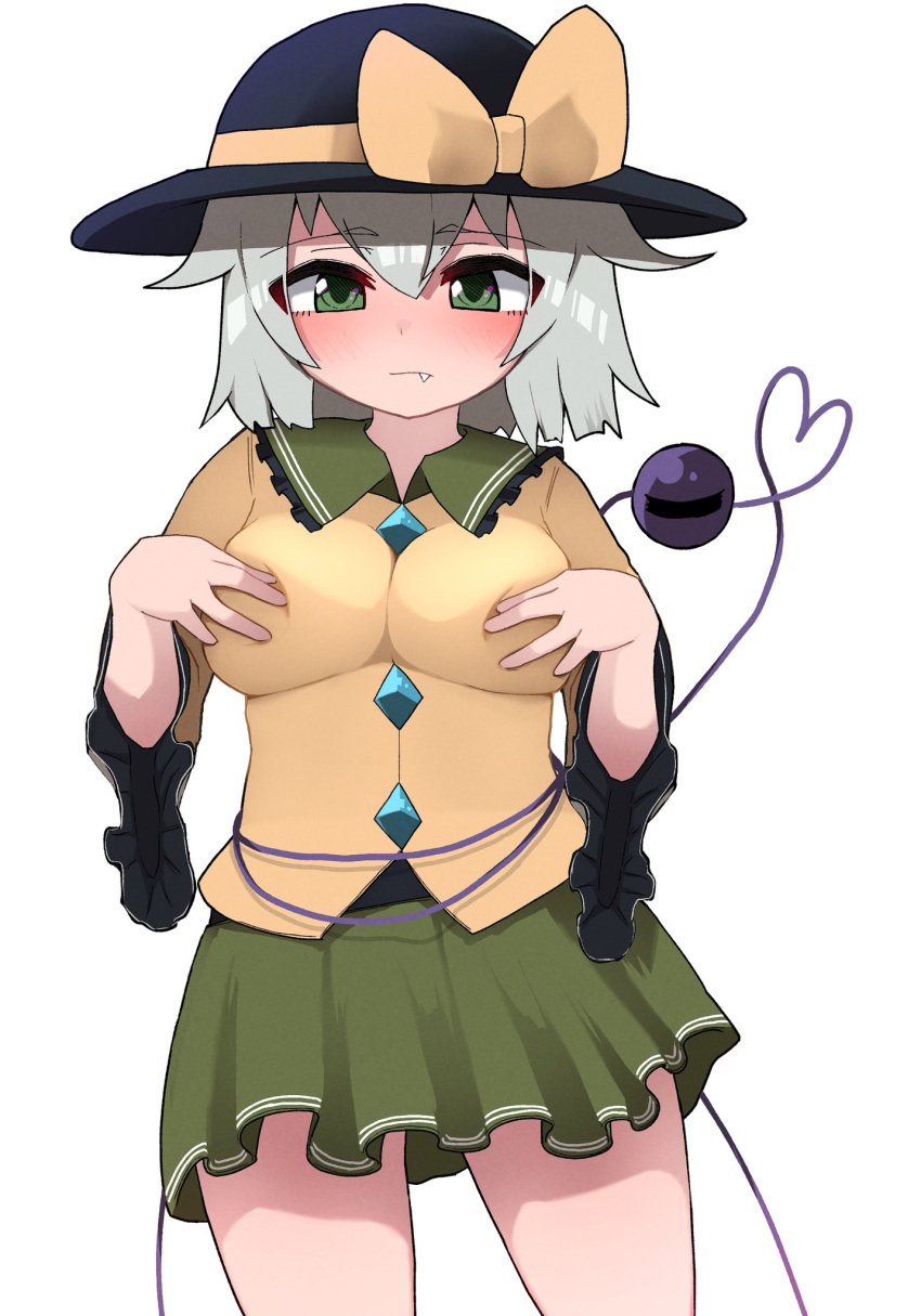 1girl black_headwear blush bow breasts closed_mouth commentary_request contrapposto cowboy_shot expressionless eyebrows_visible_through_hair fang fang_out frilled_shirt_collar frills green_eyes green_skirt hair_between_eyes hands_on_own_chest hat hat_bow heart heart_of_string highres komeiji_koishi large_breasts light_green_hair long_sleeves shirt short_hair simple_background skirt solo third_eye topadori touhou white_background wide_sleeves yellow_bow yellow_shirt