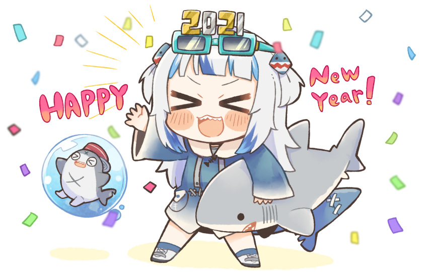 &gt;_&lt; 1girl 2021 :d bangs bloop_(gawr_gura) blue_hair blunt_bangs blush_stickers chibi closed_eyes commentary confetti dated_commentary english_commentary english_text eyewear_on_head fish_tail full_body gawr_gura happy_new_year highres hololive hololive_english legs_apart long_hair long_sleeves multicolored_hair new_year open_mouth outstretched_arm same_anko shark_tail sharp_teeth smile solo streaked_hair stuffed_animal stuffed_shark stuffed_toy sunglasses tail teeth two-tone_hair two_side_up virtual_youtuber white_hair wide_sleeves xd