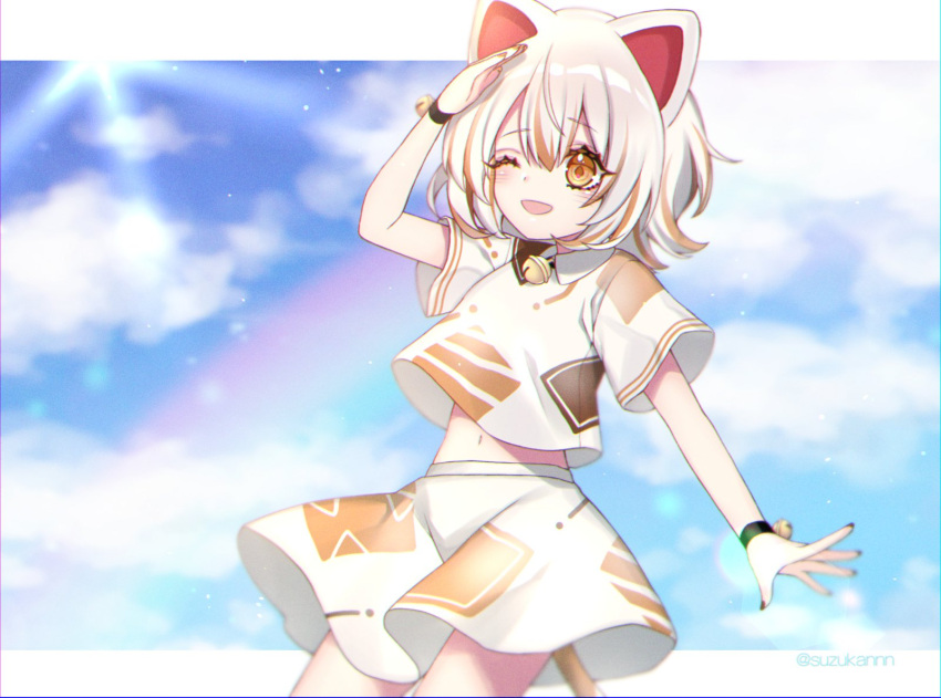 1girl animal_ears bell blurry blurry_background blush brown_hair cat_ears cat_tail clouds collared_shirt cropped_legs eyebrows_visible_through_hair goutokuji_mike hair_between_eyes highres jingle_bell kyouda_suzuka looking_to_the_side multicolored_hair navel one_eye_closed open_mouth orange_hair patchwork_clothes rainbow shirt short_hair short_sleeves skirt solo streaked_hair tail touhou twitter_username white_hair white_skirt wristband yellow_eyes