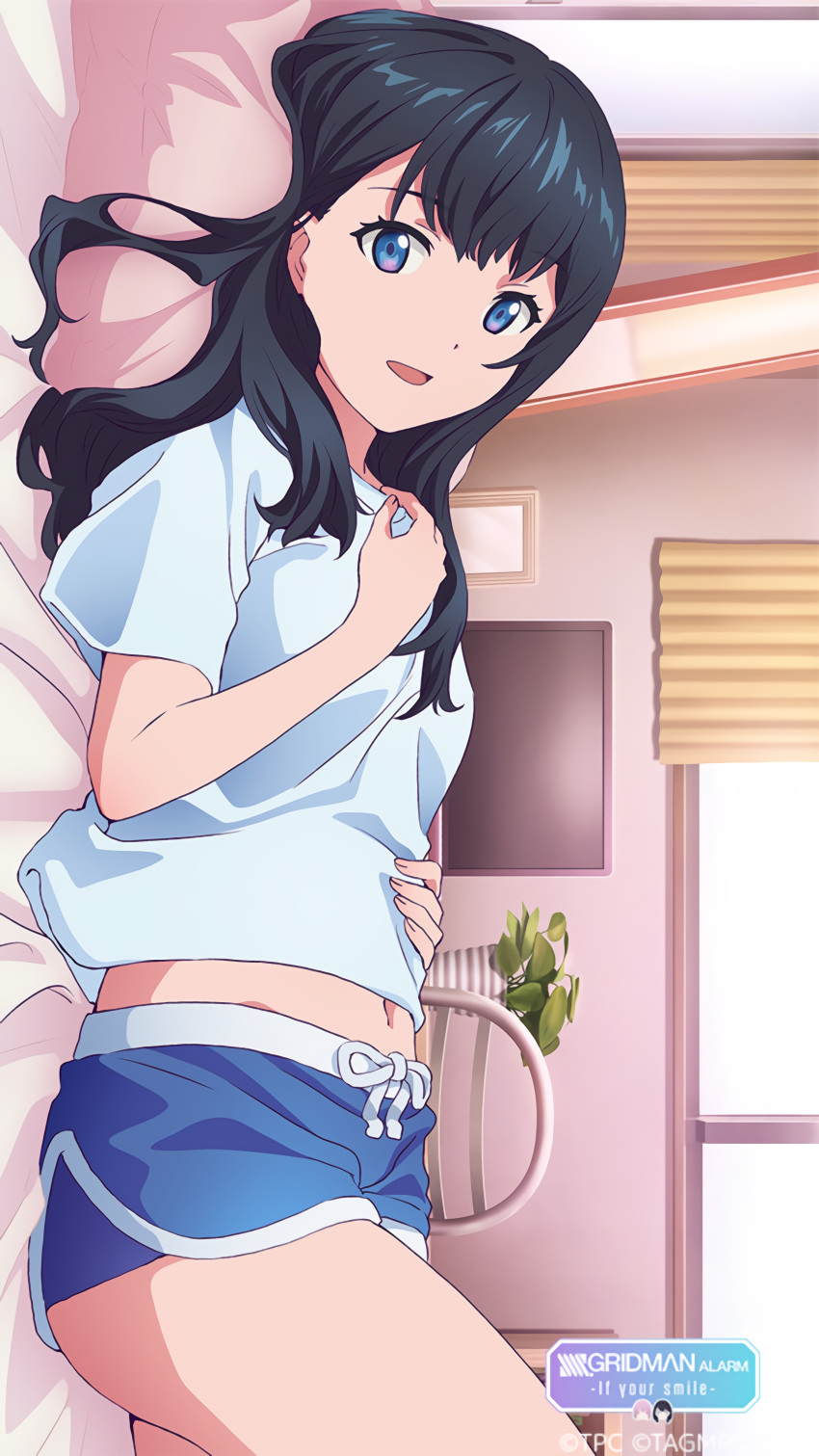 1girl absurdres bedroom black_hair blue_eyes blue_shirt blue_shorts cowboy_shot dolphin_shorts game_cg gridman_universe highres indoors long_hair looking_at_viewer lying midriff_peek official_art on_back plant potted_plant shirt shorts solo ssss.gridman takarada_rikka