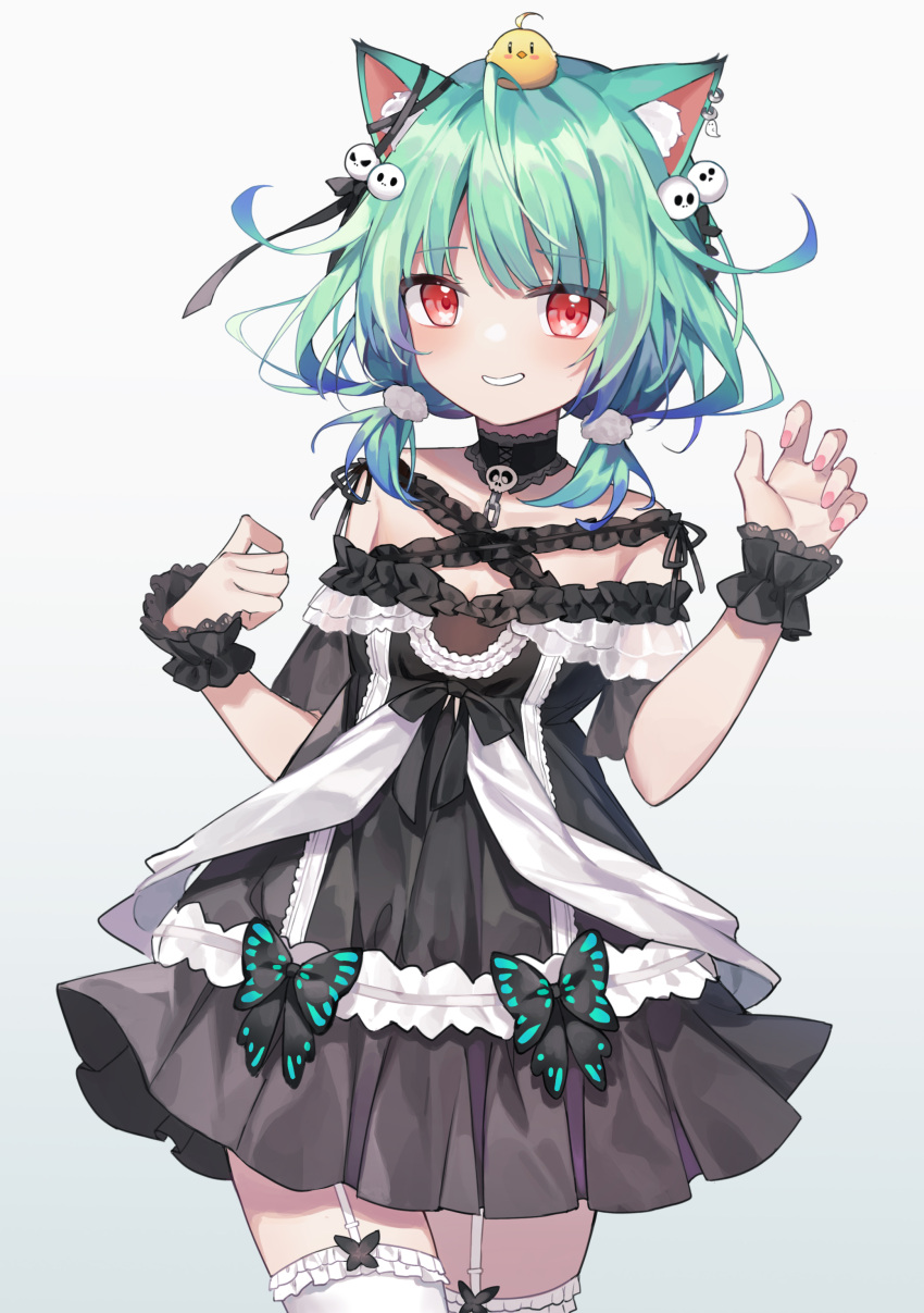 1girl absurdres animal_ear_fluff animal_ears animal_on_head bangs bird bird_on_head black_choker black_dress blue_hair cat_ears choker claw_pose commentary_request cowboy_shot dress ear_piercing eyebrows_visible_through_hair frilled_dress frilled_legwear frills garter_straps gradient_hair green_hair hair_ornament hands_up highres hololive long_hair looking_at_viewer multicolored_hair nail_polish on_head piercing pink_nails piyoko_(uruha_rushia) pom_pom_(clothes) pom_pom_hair_ornament red_eyes shiroraku short_sleeves short_twintails simple_background skull_hair_ornament smile solo standing thigh-highs twintails uruha_rushia virtual_youtuber white_legwear wrist_cuffs