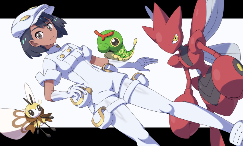 1girl aether_foundation_employee aether_foundation_uniform bangs banned_artist black_hair breasts brown_eyes caterpie closed_mouth commentary_request dark-skinned_female dark_skin gloves hat highres jumpsuit looking_at_viewer nin_(female) pokemon pokemon_(creature) pokemon_(game) pokemon_on_arm pokemon_sm pouch ribombee scizor shoes short_hair sleeves_rolled_up smile white_footwear white_gloves white_headwear white_jumpsuit